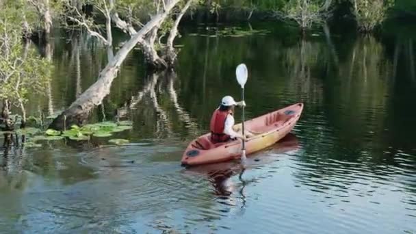 若い大人の女性が農村風景の夏の日に湖でカヤックカヌーを漕ぐ 冒険旅行レジャーコンセプトを楽しむ ライフスタイルスポーツ休暇 — ストック動画