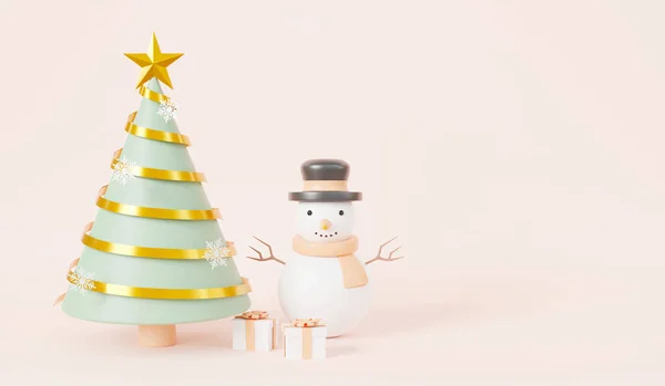 Árvore Natal Com Decorações Fita Pinheiros Desenhos Animados Boneco Neve — Fotografia de Stock