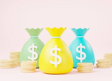 Yığınla madeni para dolu para çantası dolar ikonu, para çantası tasarruf parası ya da pembe arka planda nakit çuvalı, mali kazanç karı, 3D resimleme