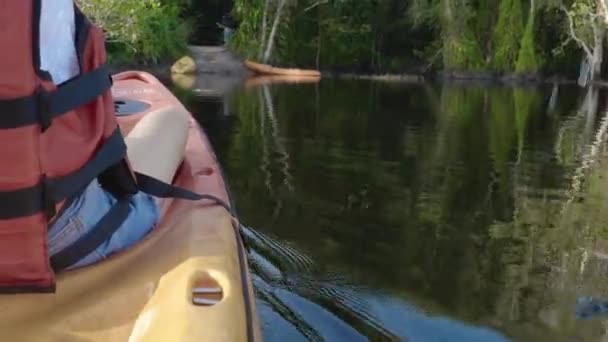 田舎の風景で夏の日に湖でカヤックカヌーを漕ぐ若い大人の女性を閉じます コンセプトを楽しんで冒険旅行レジャー ライフスタイルスポーツ休暇 — ストック動画
