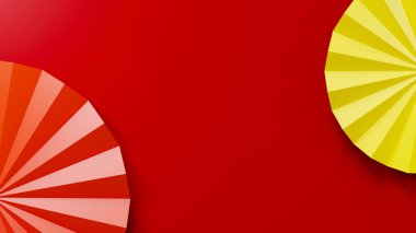 Mutlu Çin yeni yılı konsepti. Kırmızı zemin üzerinde izole edilmiş Çin fan kırmızı ve sarı, web tasarımı için simgeler, 3 boyutlu resimleme