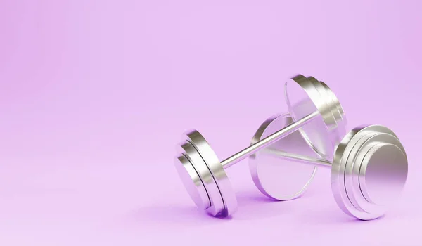 紫の背景に隔離された金属に対する2つのダンベル ジムフィットネスやアクセサリースポーツウェイト機器のシンボル 3Dレンダリングイラスト — ストック写真