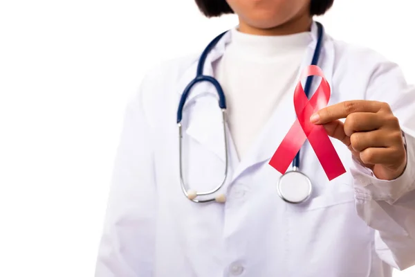 Ärztinnen Uniform Mit Unterstützung Des Hiv Aids Bewusstseins Rotes Band — Stockfoto