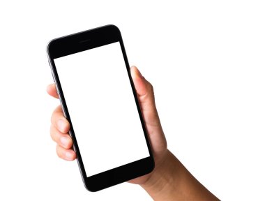 Akıllı telefonu beyaz ekranda tutan bir kadın. Kadın, modern cep telefonunu elinde tutuyor. Stüdyo çekimleri beyaz arka planda izole edilmiş, telefon ve ekranda kırpma maskesi izi var.