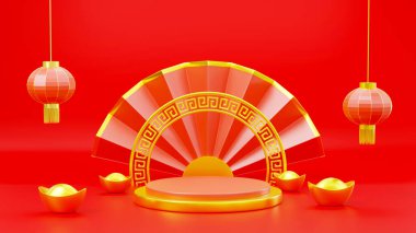 Mutlu Çin Yeni Yılı. Japon fanı, altın külçesi ve fener, kırmızı arka planda Asya temalı ürün podyumu, boş moda lüks CNY podyumu, 3D canlandırma