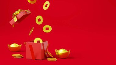 Chinese new year day festival concept. Gold wealth coins fall off to opened red gift box with ingot on red background, Horizontal posters, greeting cards, 3D Rendering Illustration