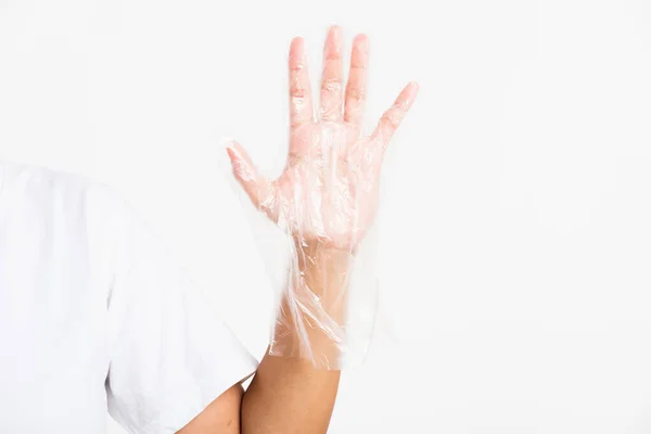 Vrouw Hand Dragen Eenmalig Gebruik Beschermen Wegwerp Transparante Plastic Handschoen — Stockfoto