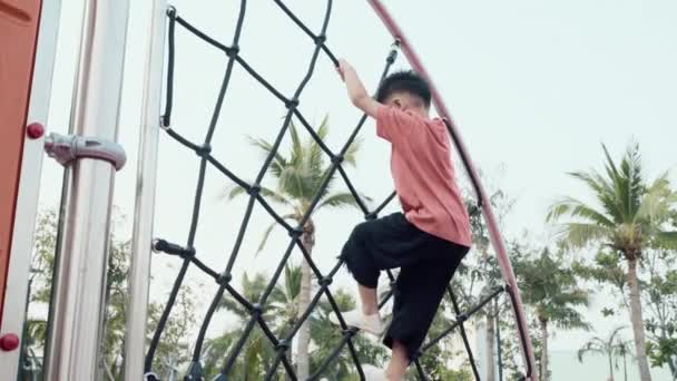 Asiatisches Kind Lächelt Beim Klettern Auf Dem Außenspielplatz Fröhliches Vorschulkind — Stockvideo