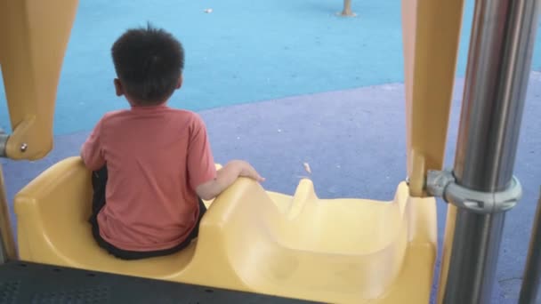 Asiatique Enfant Souriant Jouer Sur Slider Bar Jouet Aire Jeux — Video