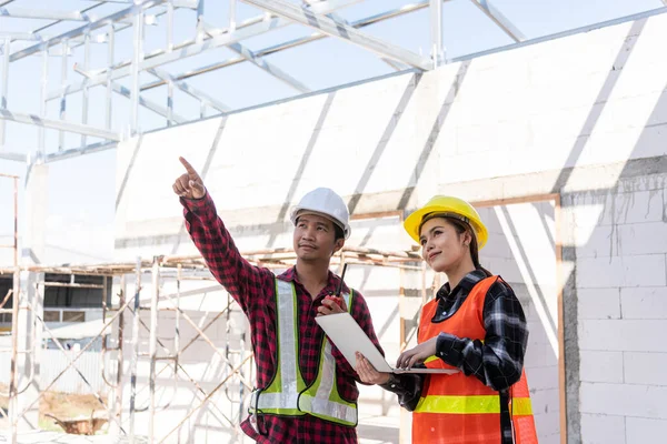 Ingeniero Asiático Capataz Trabajador Hombre Mujer Que Trabaja Construcción Del — Foto de Stock