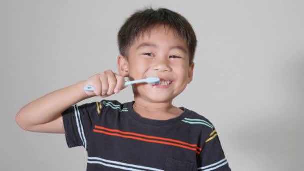 小さなかわいい子供の男の子5 6歳のブラッシング歯と笑顔スタジオで撮影白の背景に隔離され 幸せなアジアの子供たちは自分で口の中で歯ブラシを保持し 歯科衛生健康的なコンセプト — ストック動画