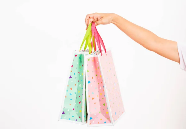Closeup Women Hand Holding Colorful Multicolor Shopping Bag Many Packets — Stock Photo, Image