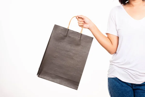 Closeup Female Holds Hand Black Clear Empty Blank Craft Paper — Stock Photo, Image