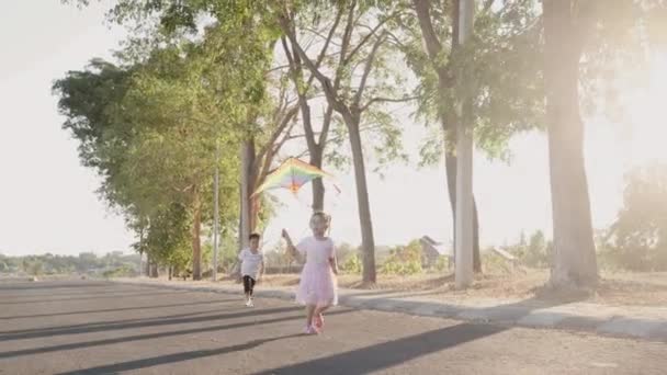 Asiático Dois Irmãos Crianças Felizes Menino Menina Com Papagaio Correndo — Vídeo de Stock