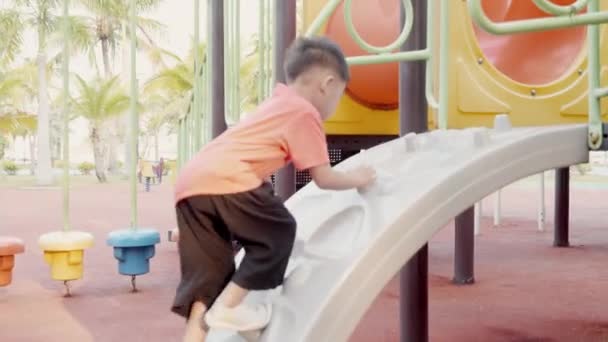 Ασιατικό Παιδί Παίζει Στην Υπαίθρια Παιδική Χαρά Ευτυχισμένη Νηπιαγωγείο Μικρό — Αρχείο Βίντεο