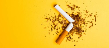 31 Mayıs Dünya 'nın Tütün Yok Günü, sigara yok, kırık sigara yığınına yakın durmak yok veya sarı arka planda fotokopi alanı olan tütün STOP sembolik ve akciğer sağlığı konsepti uyarısı