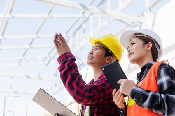 Ingeniero Asiático Capataz Trabajador Hombre Mujer Que Trabaja Construcción Del — Foto de Stock