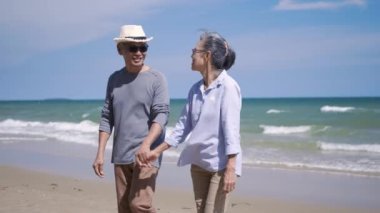 Mutlu Asyalı üst düzey erkek ve kadın çift kumsalda güneşli bir havada el ele yürürken romantik yaşlılar yaz tatilinin tadını çıkarırken emekliler konseptinde hayat sigortası planlıyorlar.