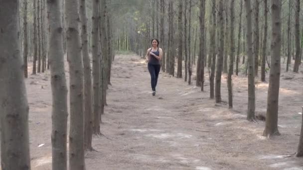 Young Female Running Workout Fitness Training Runner Forest Spring Park — Stock Video