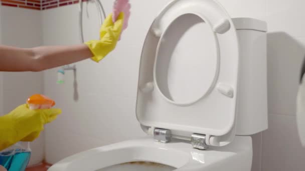 Hand Van Aziatische Vrouw Schoonmaken Toiletbril Met Behulp Van Vloeibare — Stockvideo