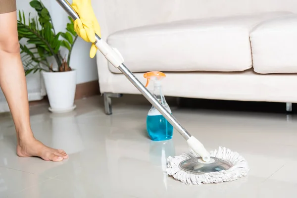 Asian Woman Washes Floor Mop Rag Indoors Housewife Washing Floor — Stock Photo, Image