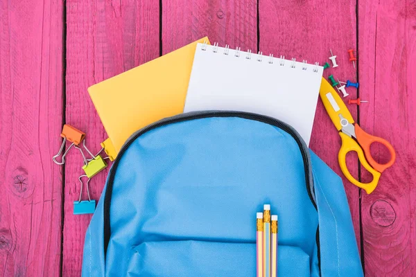 Top View Flat Lay Blue School Bag Backpack Accessories Tools — Φωτογραφία Αρχείου