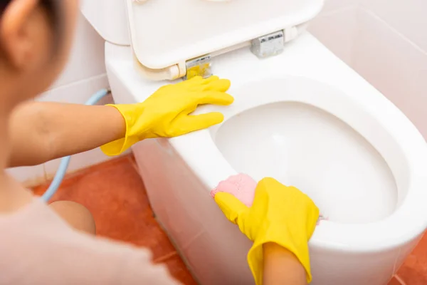 Woman Cleaning Toilet Seat Pink Cloth Wipe Restroom Female Wearing — Stock Photo, Image