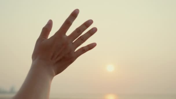 Woman Waving Hand Say Goodbye Parting Sunset Alone Seaside Time — Stock Video