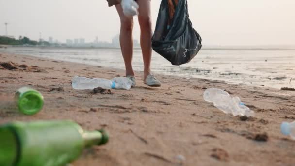 Donna Volontaria Raccogliendo Bottiglia Plastica Sacchetto Plastica Spazzatura Nero Pulizia — Video Stock