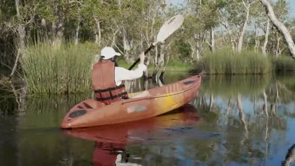 Zpět Mladá Dospělá Žena Pádlování Kajak Kanoe Jezeře Letní Den — Stock video