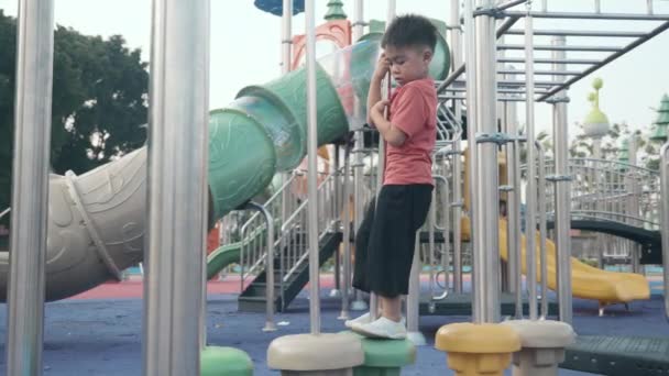 亚洲小孩在户外操场上玩耍 快乐的学龄前小孩在夏天的白天在操场上玩耍时很有趣 外面的教育 小男孩爬山 — 图库视频影像
