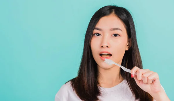 Asiatische Schöne Junge Frau Teen Zähne Putzen Morgen Porträt Der — Stockfoto