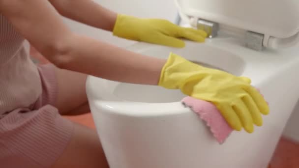 Asyalı Bir Kadının Elleri Klozet Kapağını Pembe Bezle Temizliyor Evdeki — Stok video