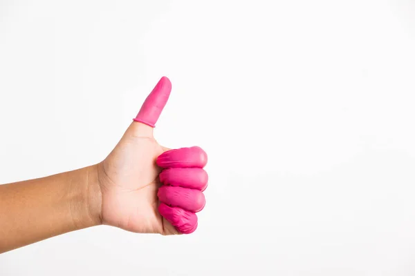 Mujer Mano Usando Cunas Dedo Rosa Goma Proteger Ayudar Prevenir — Foto de Stock