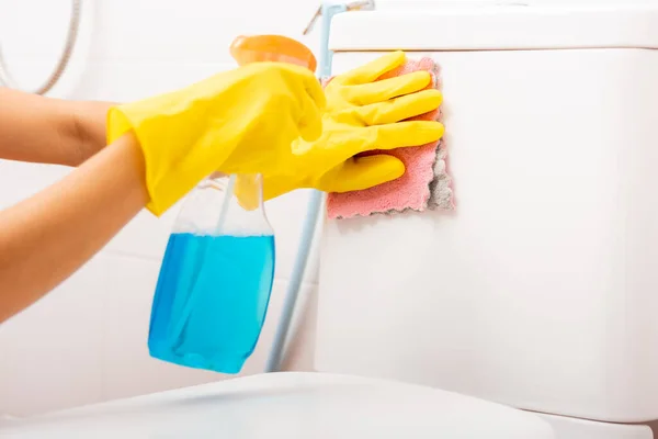 Hand Asian Woman Cleaning Toilet Seat Using Liquid Spray Pink — Stock Photo, Image