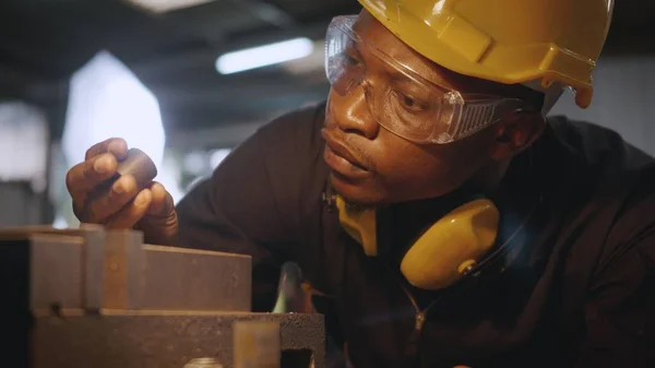 American Industrial Black Young Worker Man Yellow Helmet Ear Protection — Stock Photo, Image