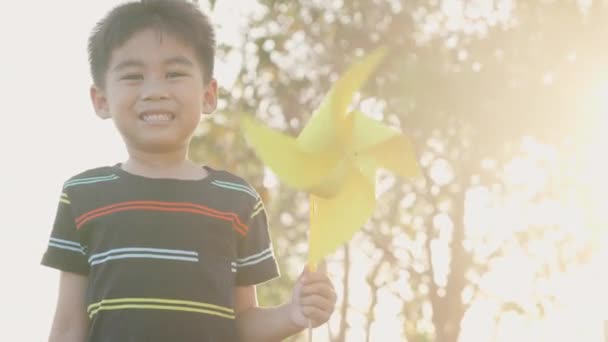 小さな風車や風車のおもちゃを手にした小さな畑で笑顔の小さな男の子が夏の日に公園の庭で手に — ストック動画