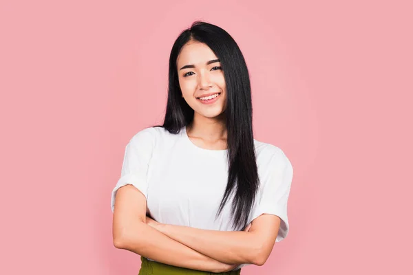 Asiático Feliz Retrato Hermosa Linda Joven Mujer Pie Sonrisa Confianza —  Fotos de Stock