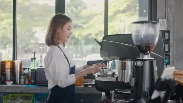 커피숍 카운터에서 일하는 앞치마를 바리스타는 개념을 가지고 — 비디오