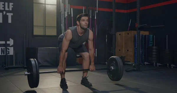 Muscular Young Caucasian Man Exercises Working Out Lifting Weights Heavy — Stock Photo, Image