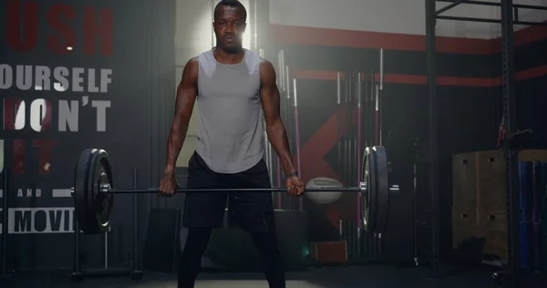 Muscular Young Black Man Exercises Working Out Lifting Weights Heavy — Stock Photo, Image