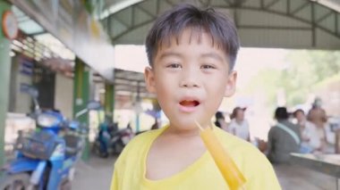 Happy Asian little boy eating popsicle at summertime, young man child making a funny face as he is eating a frozen fruit popsicle outside, Kid having fun relaxing with ice cream