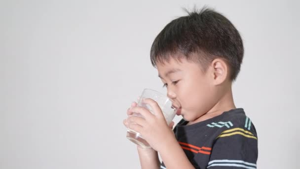 Μικρό Χαριτωμένο Παιδί Αγόρι Ετών Χαμόγελο Κρατώντας Ποτήρι Γάλα Πίνει — Αρχείο Βίντεο