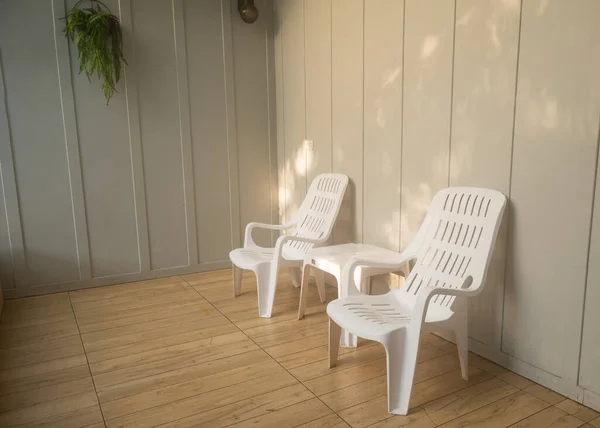 Nobody White Chair Outdoor Swimming Pool Resort Hotel Empty Room — Stockfoto