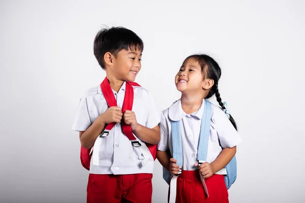 Dva Asijské Student Dívka Chlapec Školáci Bratr Sestra Úsměv Šťastný — Stock fotografie