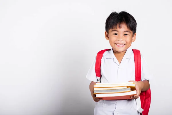 Asiatische Entzückende Kleinkind Lächelnd Glücklich Tragen Student Thai Einheitliche Rote Stockbild