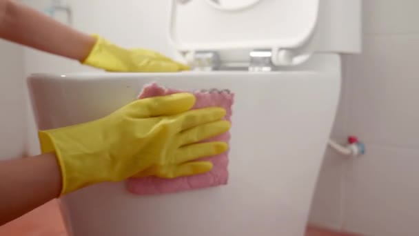 Kobieta Sprzątanie Deski Klozetowej Przez Różowy Tkaniny Wycierać Toaletę Kobieta — Wideo stockowe