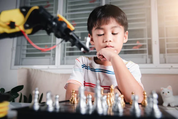 Asian Little Boy Thinking Wait Robot Arm Playing Chess Stem — 스톡 사진
