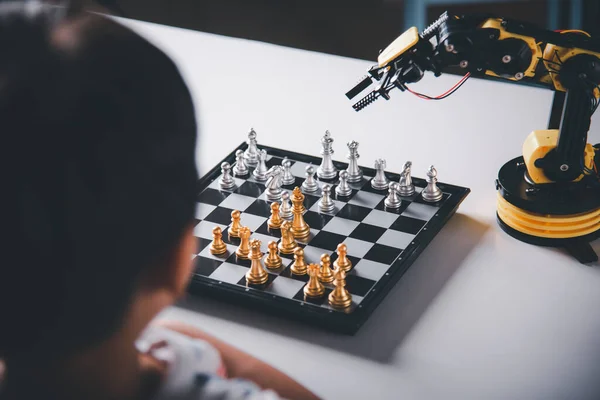 Asian Little Boy Playing Chess Robot Machine Arm Stem Education — Stok fotoğraf