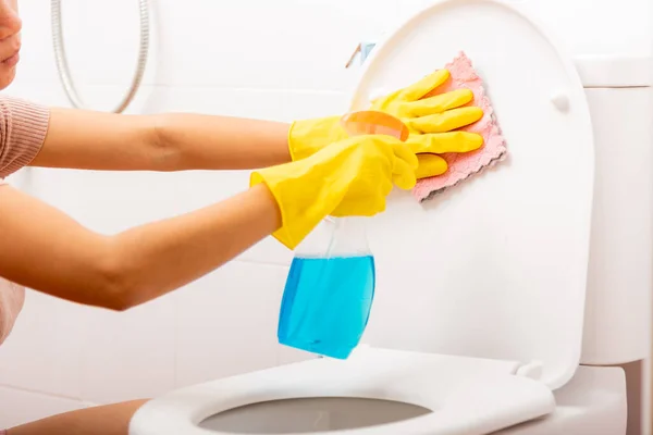 Hand Asian Woman Cleaning Toilet Seat Using Liquid Spray Pink — Stock Photo, Image